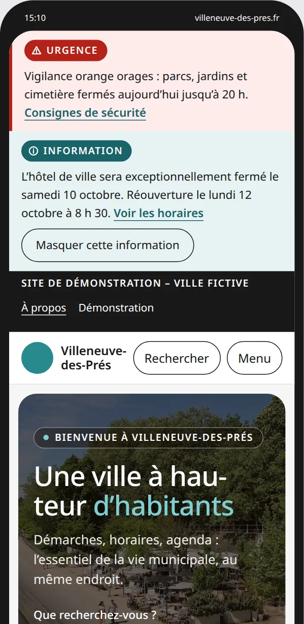 Maquette mobile de la page d’accueil Udalia de Villeneuve-des-Prés.