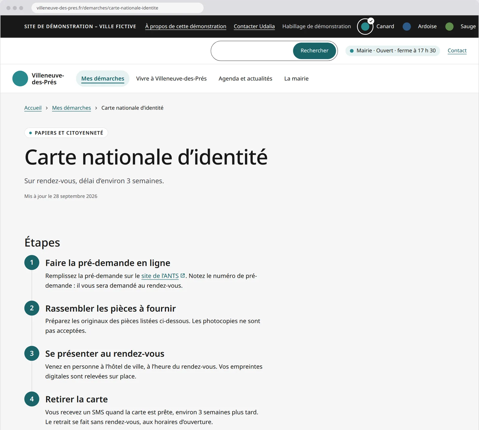 Maquette d’une page démarche Udalia, « Carte nationale d’identité » : étapes numérotées et liste des pièces à fournir.